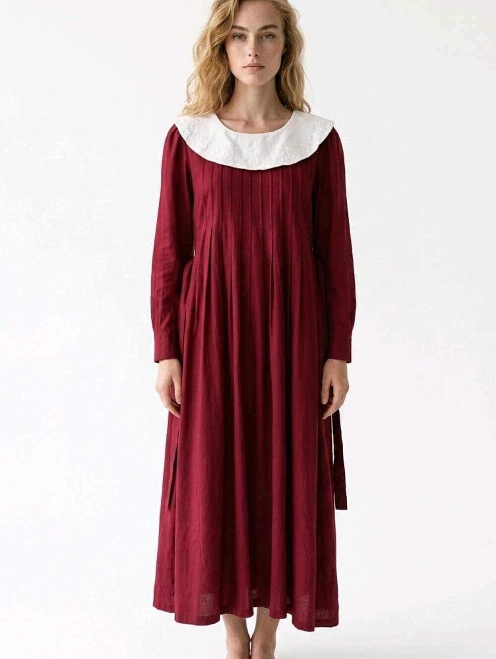 Vintage PRAIRIE WOODSY Farm Cranberry Maxi Dress BEADED COLLAR size 10